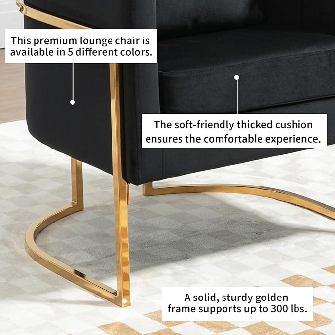 Velvet Modern Accent Chair, Upholstered Barrel Armchair Mid Century with Pillow for Living Room, Comfy Single Vanity Chair with Metal Gold Legs for Bedroom, Black