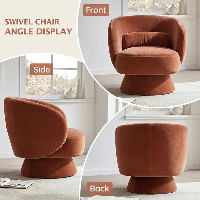 Swivel Accent Chair, Modern 360 Degree Swivel Barrel Chair with Arms & Curved Back and Lumbar Support Cushion, Comfy Round Single Sofa for Small Space, Living Room, Bedroom, Dark Rust Rayon