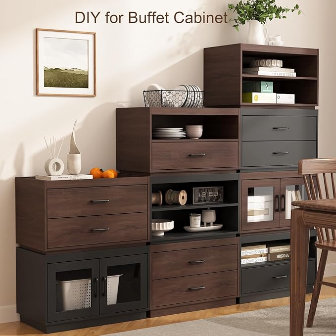 Stackable Storage Drawers, 28" Wide Storage Bins with 2 Doors for Closet Organizers, Wood Stackable Closet Organizer Modern Large Stackable Units for Living Room Hallway Bedroom, Black