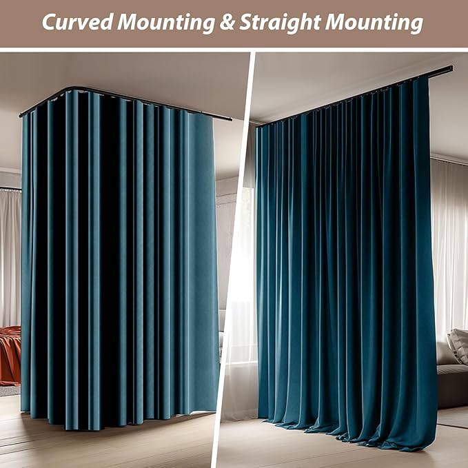 Room Divider Curtains with Ceiling Curtain Track Set Window Curtain for Bedroom,Living Room Total Blackout Thermal Insulated Privacy Ceiling Track Curtain W 15 × H 8 FT Azure Blue drape&Black track