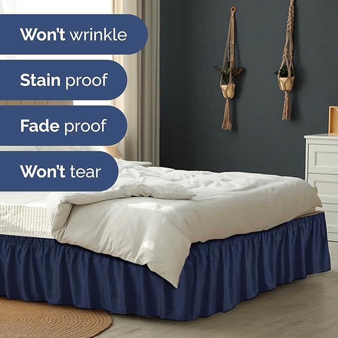 Wrap Around Dust Ruffle Bed Skirt - Navy Blue - for Full Size Beds with 18 Inch Drop - Elastic Strap - Adjustable Pleated Bedskirt with Brushed Fabric and Wrinkle Free - for Women, Men, Kids & Teens