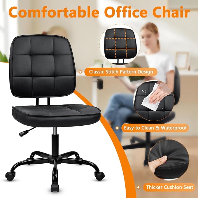 CLATINA Armless Home Office Chair with Lumbar Support and Wheels, Small PU Leather Ergonomic Low Back Desk Chairs No Arms, Adjustable Height 360° Swivel Rolling Computer Task Chair, Black