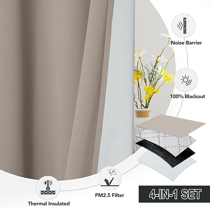 RYB HOME 4-in-1 Dust Filtering Soundproof Blackout Insulating Privacy Window Curtains for Nursery Bedroom Living Room Rivider Sound Absorption Sheet, Sand, W52 x L95 inch, 2 Panels