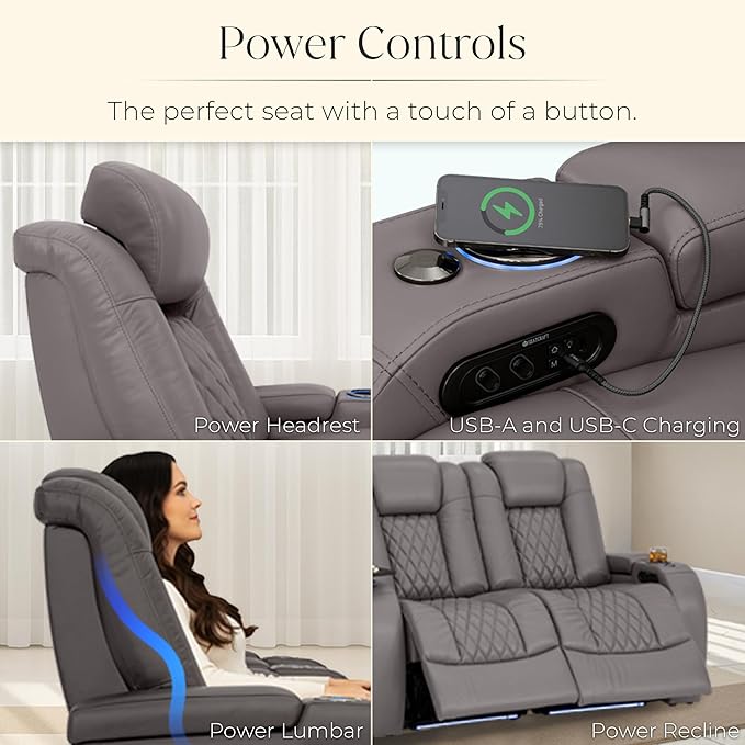 Seatcraft Diamante Zero-Gravity CoolZero Italian Leather Home Theater Seating, Power Headrest, Power Recline, Single Recliner, Gray