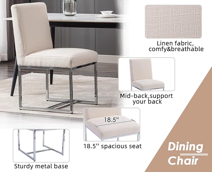 CIMOTA Modern Dining Chairs Set of 8, Upholstered Dining Room Chairs Armless Guest Side Chair with Chrome Base for Dining Room/Kitchen, Beige, 8PCS