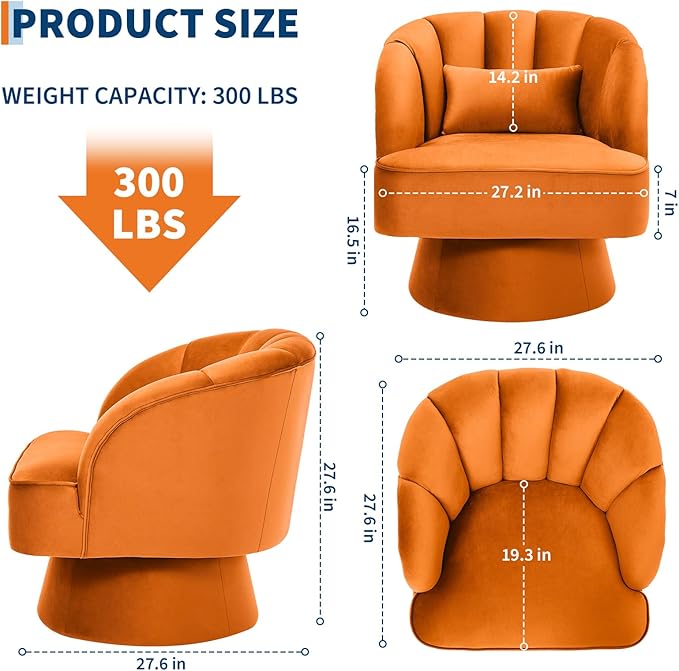 GarveeHome Modern Swivel Barrel Accent Chair, 360° Velvet Upholstered Armchair with Striped Backrest & Plush Padding, Comfy Round Lounge Chair (1, Orange + Velvet)