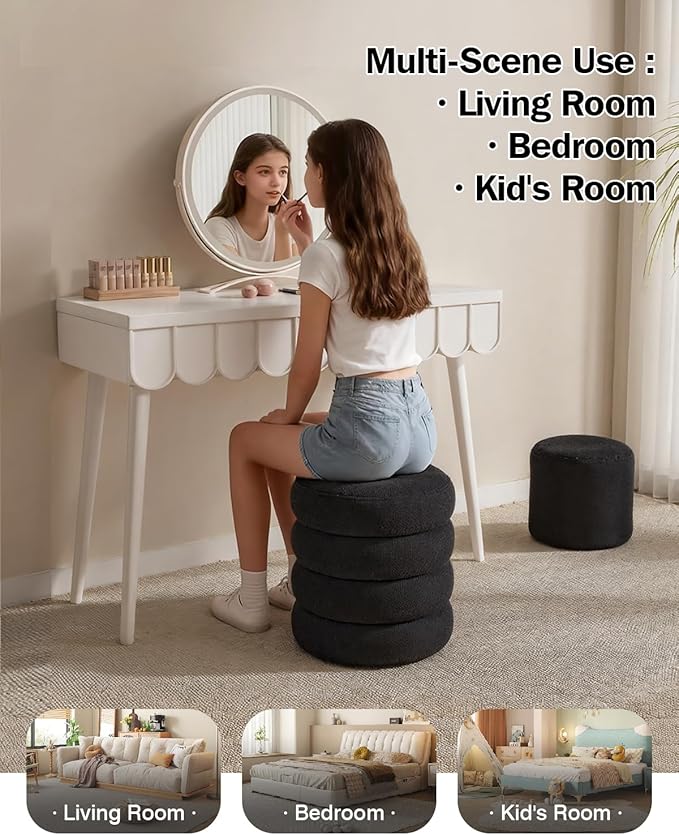 Round Set of 2 Sherpa Storage Ottoman Stool Boucle Vanity Stool Footstool with Removeable lid Load up to 440 lbs for Livingroom Bedroom Black UASND68B