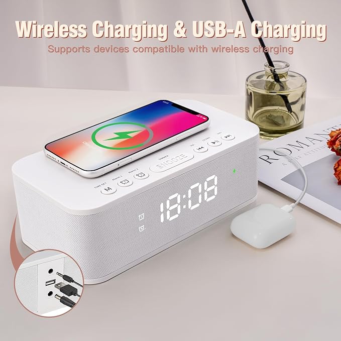 Dual Alarm Clock Radio Bedroom, Digital Alarm Clocks Bedrooms Bluetooth, Up to 10 Bedroom Alarms Clock White Noise 23 Soothing Sounds App/Button Control Snooze 12/24H FM Speaker Charging, White