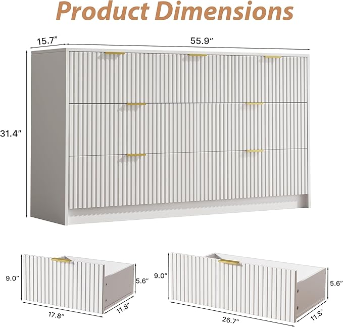 3-Piece Dresser Bedroom Set, 7 Drawer Dresser & 2 Drawer Nightstands with Gold Handles, Fluted Wood Chest of Drawers for Bedroom, Living Room, Entryway, White