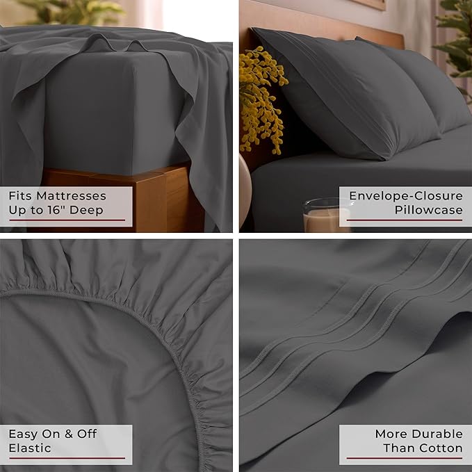 Mellanni Twin Sheet Set - 4-Piece Iconic Collection Bedding, (Including 2 Pillowcases), 16-Inch Deep Pocket, Easy Care, Extra Soft, Cooling Sheets, Brushed Microfiber - Gray