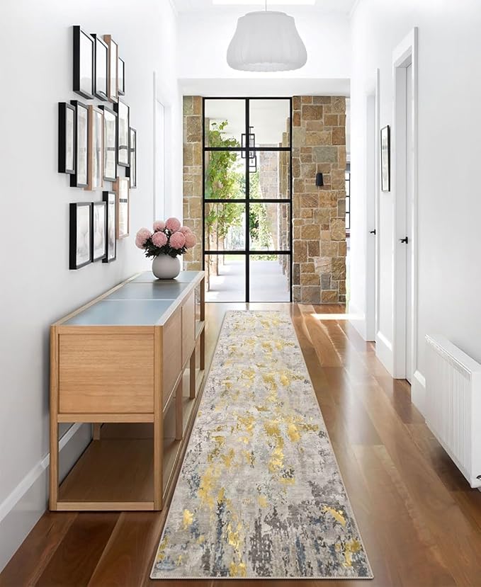 vivorug Runner Rug 2'x7' Machine Washable Non-Slip Runners for Hallways Kitchen Entryway Laundry Room Modern Abstract Carpet Hallway Runner Grey/Mustard