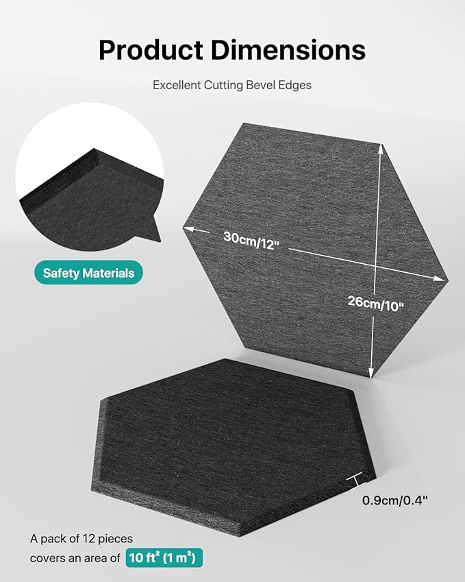 Soundsbay Acoustic Panels, 12 Pack Hexagon Soundproof Wall Panels High Density Sound Absorbing Panel, Sound Proof Foam Panels for Walls, Office, Reccording Studio, Ceiling 12" X 10" X 0.4" Black