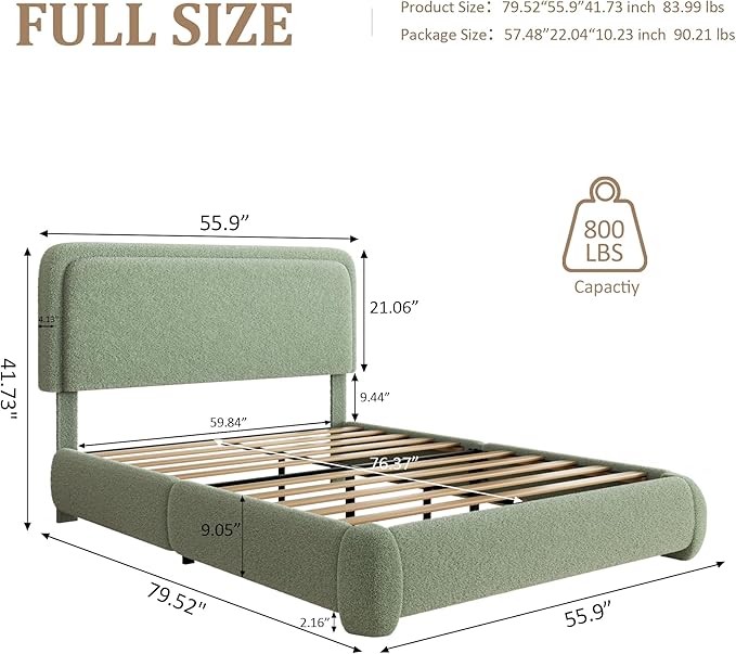 Full Size Platform Bed Frame with Headboard, Boucle Upholstered Desige, Anti-Collision Corners, Soft Rounded Corners, No Box Spring Required, Easy Assembly, Noise Free