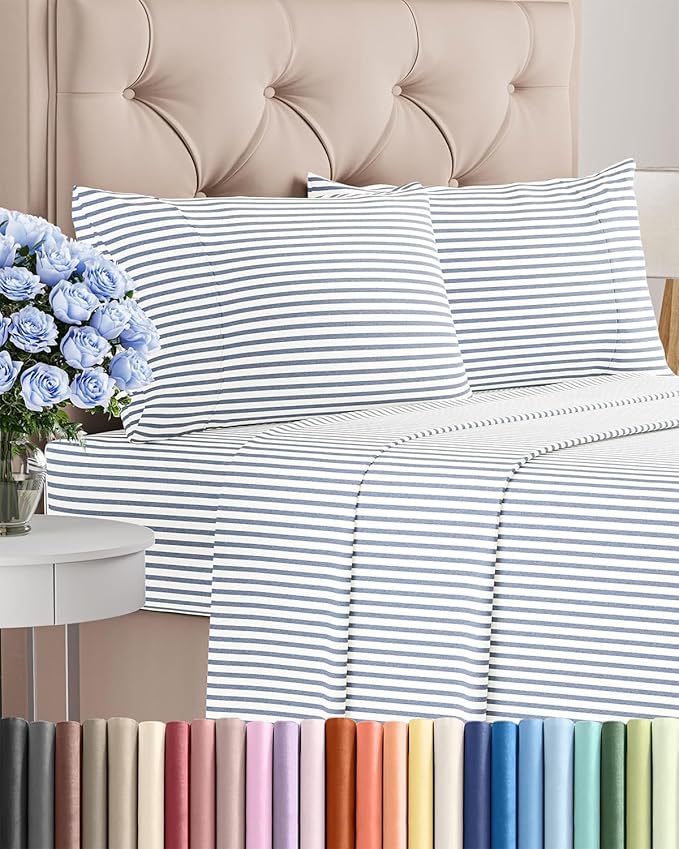 Twin 4 Piece Sheet Set - Cooling, Comfy & Breathable - Hotel Luxury Bedding, Includes Fitted Sheet for Women, Men, Kids & Teens - 1 Flat, 1 Fitted Sheet, 2 Pillowcases w/Deep Pockets - Blue Stripes
