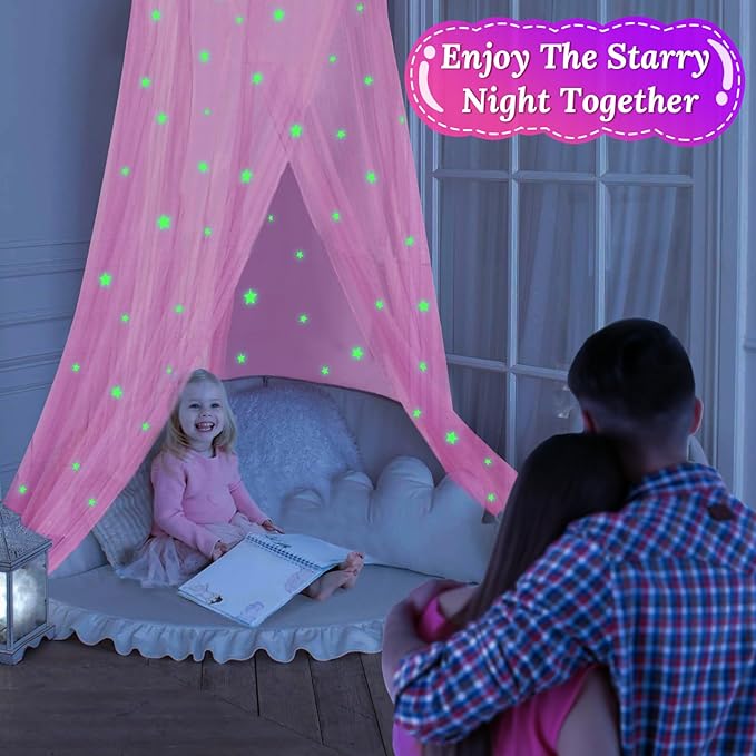 South to East Princess Bed Canopy for Girls with Glowing Stars, Pink Canopy for Girls Room, Bed Canopy Curtains from Ceiling for Twin Beds, Full Size Beds, Ideal Gift, Fire Retardant Fabric