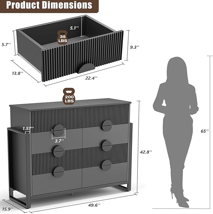 LGHM Fluted Dresser for Bedroom with 8 Drawers, Modern 8 Drawers Dressers with Semi-Cylindrical, Chest of Drawers Closet Organizers and Storage Clothes, 43" Tall Dresser with Bold Steel Frame, Black