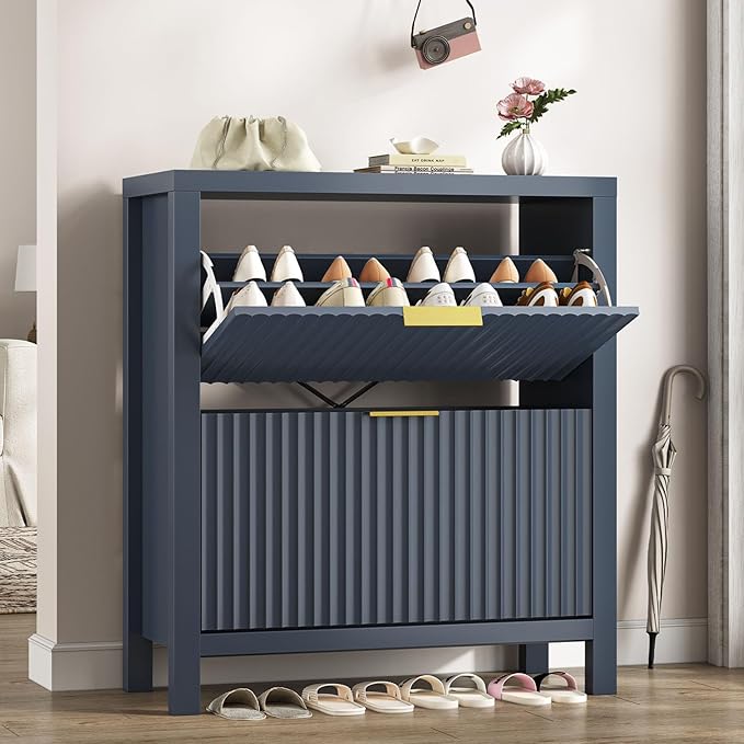 Shoe Cabinet Storage for Entryway, Fluted Shoe Cabinet with 2 Flip Drawers, Hidden Shoe Rack Tall Freestanding Shoe Organizer with Legs for Hallway, Blue