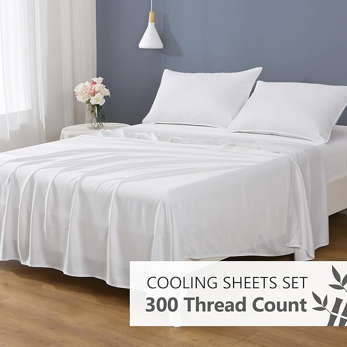 Full Sheets, Rayon Derived from Bamboo, Cooling Bed Sheets Set,Deep Pocket Up to 16", 4 Pieces Silky Soft, Breathable Bedding Sheets & Pillowcases(White,Full)