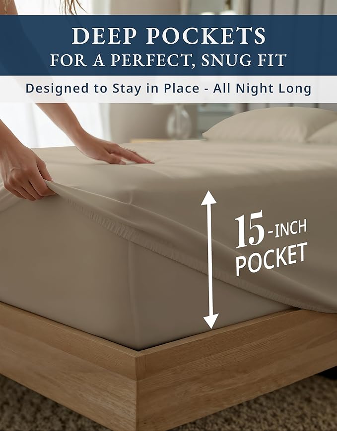100% Egyptian Cotton Sheet Set Queen Size – 1000 Thread Count Silky Sateen Weave Queen Sheet Set for Good Sleep Comfort, 15" Snug Fit Deep Pocket, Breathable, Hotel-Quality Luxury You Can Feel - Taupe