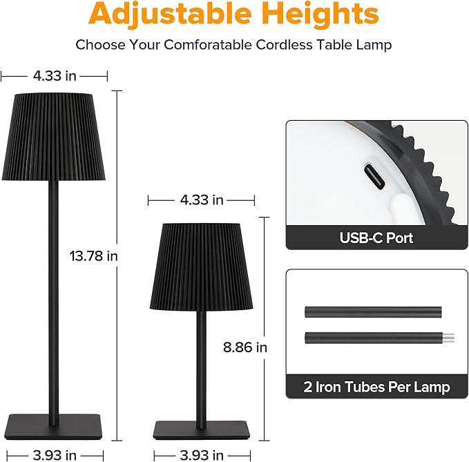 LUTEC 4 Pack Cordless Table Lamp,6000mAh Rechargeable Battery Operated Desk Lamp,Two Adjustable Heights,Waterproof, Touch Control & 3 Color Stepless Dimming for Restaurant/Bedroom/Bars/Outdoor (Black)
