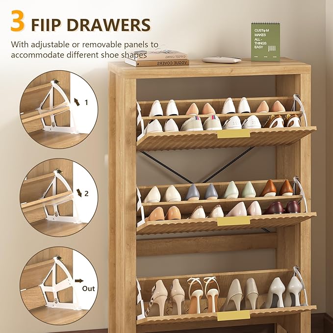 Shoe Cabinet Storage for Entryway, Fluted Shoe Cabinet with 3 Flip Drawers, Hidden Shoe Rack Tall Freestanding Shoe Organizer with Legs for Hallway, Oak