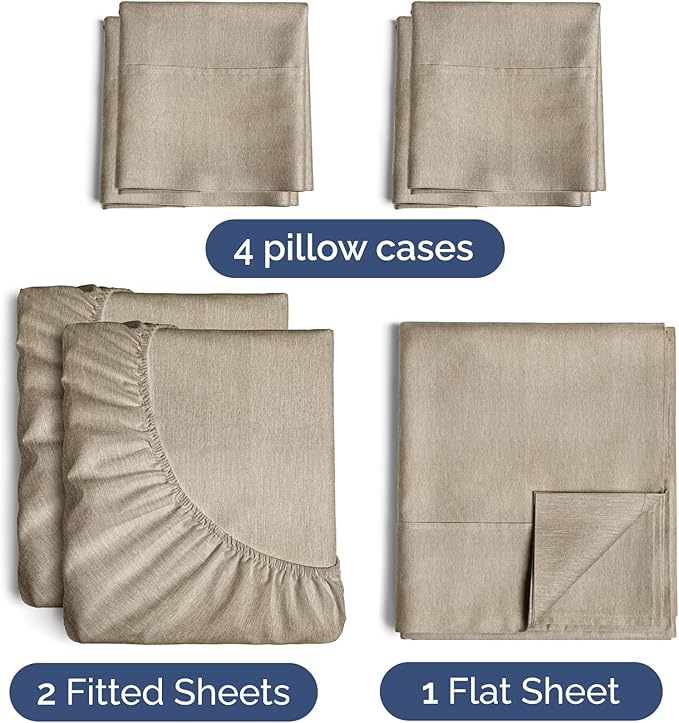 Split King 7 Piece Sheet Set - Cooling & Breathable - Hotel Luxury Bedding Includes Fitted Sheets for Women, Men, Kids, Teens - 1 Flat, 2 Fitted Sheets, 4 Pillowcases w/Deep Pockets - Heathered Beige