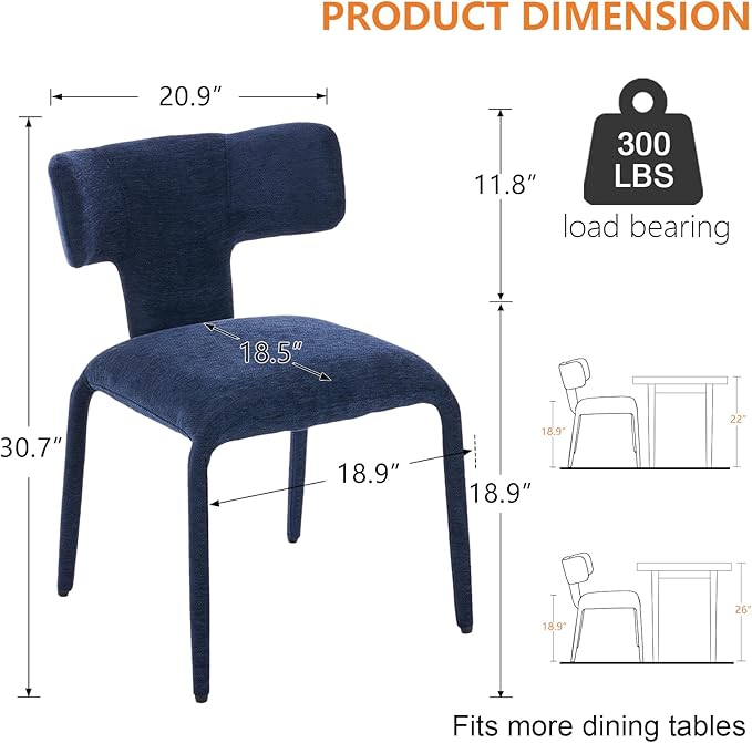 Kidol & Shellder Dining Chairs Set of 2,Modern Upholstered Fabric Dining Room Chairs with Curved Barrel Back,Armless Kitchen Chairs with Metal Legs and Padded Seat for Living Room and Bedroom Blue
