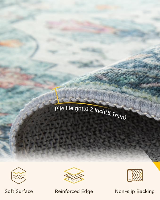 Area Rugs 4'x6' Washable Non-Slip, Floral Vintage Distress Print Pattern Medallion Carpet for Living Room Bedroom Dining Room, Green Navy Blue White Red Teal Colorful