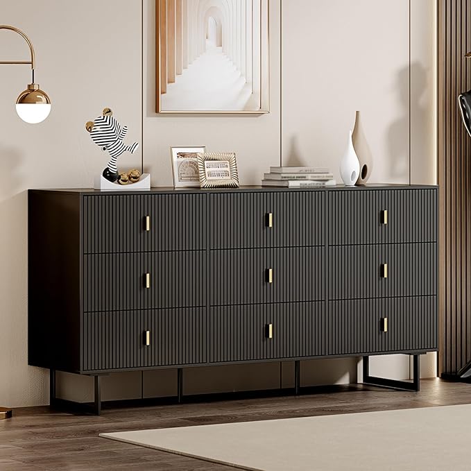 Modern Chest of Drawers with 9 Drawers,Deep Drawers,Clothes Organizer,Large Storage Cabinet for Living Room, Bedroom,Hallway,with Anti-Tipping Device,Dark