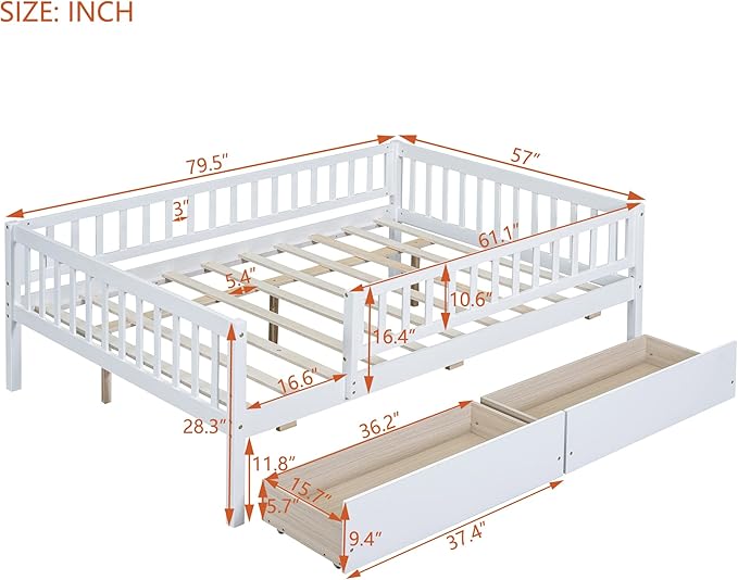 Bellemave Full Size Bed Frames with Rails for Kids, Full daybed Frame with Drawers for Boys/Girls/Adults， White