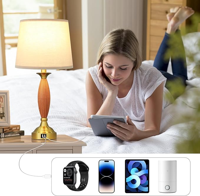 Seealle Lamps for Bedrooms Set of 2 - Touch Bedside Lamp with USB C+A, 3 Way Dimmable Nightstand Lamps with USB Port, Wood Table Lamp for Living Room Guest Room Bed Side End Table(Bulbs Included)