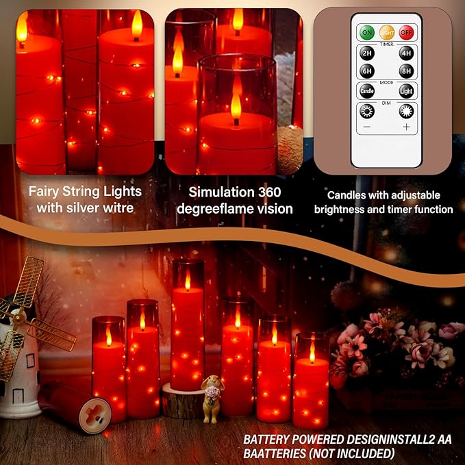 Flameless LED Candles with Timer 24 Pc Flickering Flameless Candles for Romantic Ambiance and Home Decoration Stable Acrylic Shell,with Embedded Star String，Battery Operated Candles（Red）