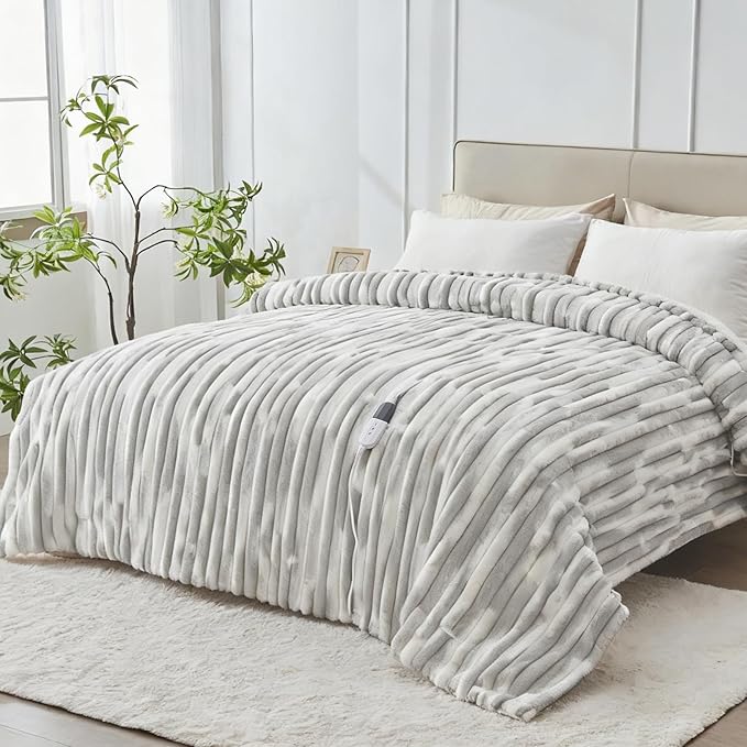Heated Blanket Twin - 62"x84" Fast Heating Bed Electric Blankets with 6 Heating Levels & 10 Hours Auto Off, Soft Ribbed Faux Fur Sherpa, Over-Heated Protection ETL, Light Gray