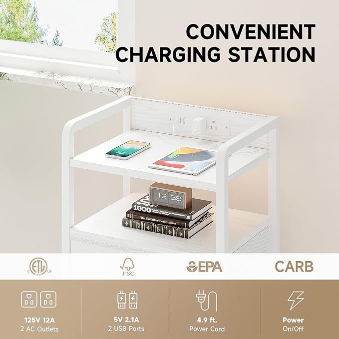 Night Stand Bedside Table Bedroom - White Nightstand with Charging Station & LED Light Strip, Morden Bed Side End Table with Storage Shelf & 2 Fabric Drawers, U-S-B Ports & AC Outlets
