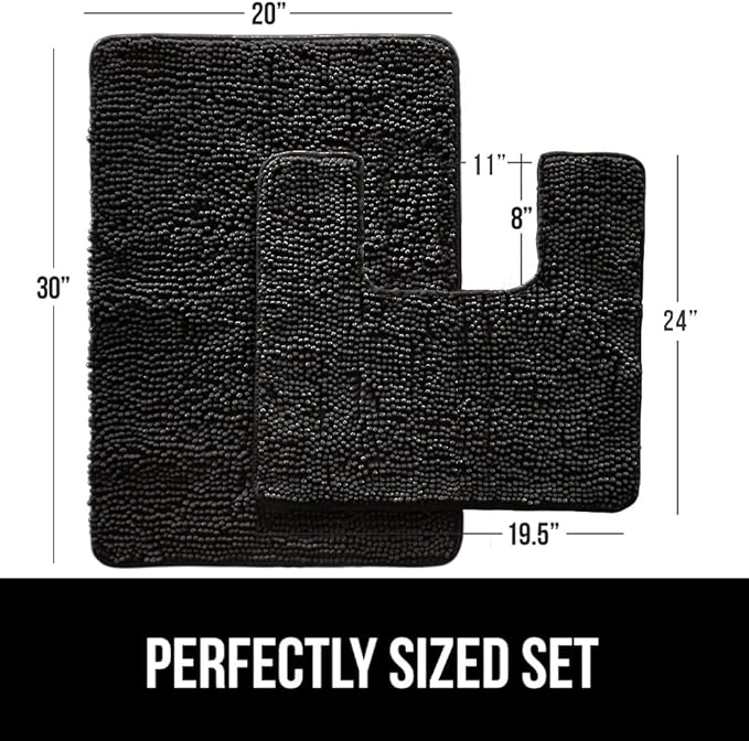 GORILLA GRIP Bathroom Rug Sets, Soft Chenille 2 Piece Area Rugs Set, Toilet Base Mat and 30x20 Carpet, Absorbent Microfiber Washable Mats Dry Quickly, Home Décor and Bath Room Accessories, Black
