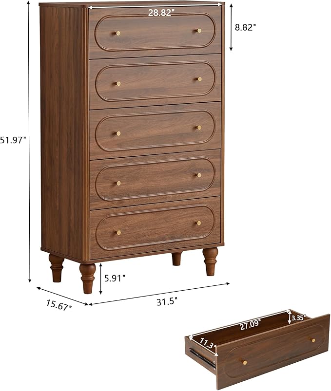 5 Drawer Fluted Dresser for Bedroom, Mid Century Modern Chest of Drawers, Wood Storage Large Dresser Organizer for Bedroom Living Room Hallway Closet, Walnut