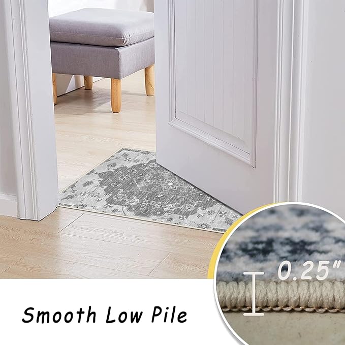 vivorug 3x5 Area Rugs, Stain Resistant Washable Rug for Living Room, Vintage-Inspired Grey Floral Rug
