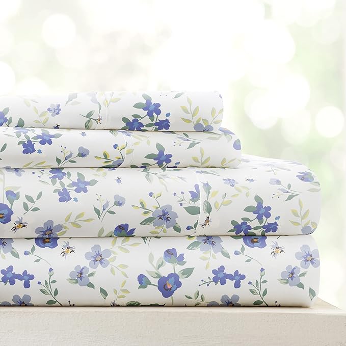 Linen Market 4 Piece King Sheet Set - Breathable, Double-Brushed Patterned Cooling Sheets – Oeko-TEX Certified Ultra Soft & Wrinkle-Free 16" Deep-Pocket King Sheets - Easy Care Blossoms Light Blue