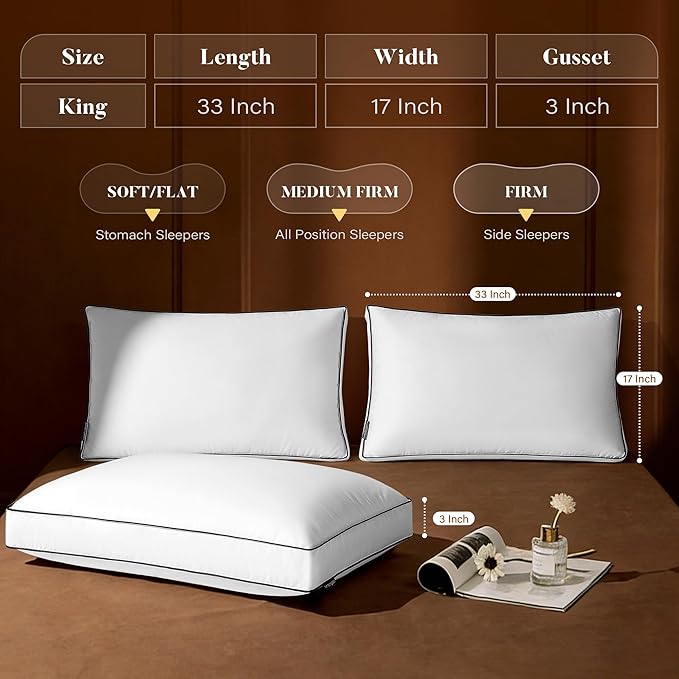 Firm Goose Feather Down Pillow King Size Set of 2, Down Surrounded Hotel Collection Bed Pillows for Sleeping with 3 Inch Gusset, 2 Pack, Fluffy Plush for Side Sleepers 20x36 in.
