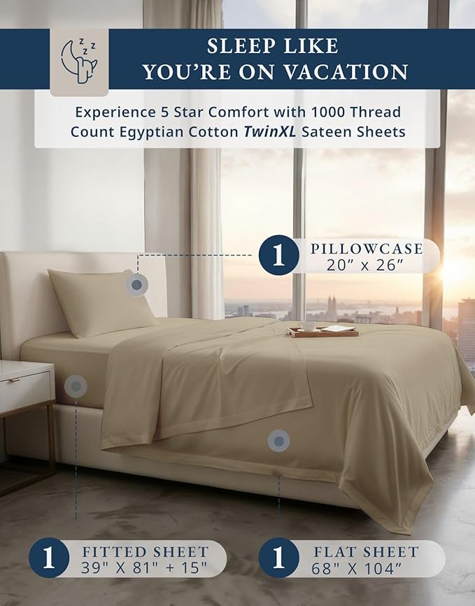 LANE LINEN Luxury 100% Egyptian Cotton Extra Long Twin Sheets for Hospital Bed - 1000 Thread Count, Eoc-Friendly Oeko-Tex Certified No Pill Fade Resistant Machine Washable Cotton Bed Sheet -Taupe