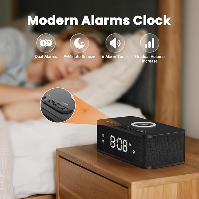 Digital Alarm Clock White Noise, Loud Digital Alarm Clocks Bedrooms, Alarm Clock Speaker Wireless Charger AUX USB Bluetooth Speaker 12/24H Dual Alarm Snooze Adjustable Brightness, Black