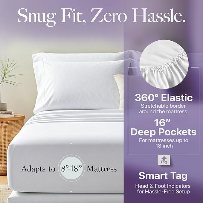 Carressa Linen 100% Egyptian Cotton King Size Sheets Set - 600 Thread Count Egyptian Cotton Queen Sheets King Size (4 PC, Crisp White), Soft, Cooling, 16" Deep Pocket Sateen Weave Luxury Bed Sheet