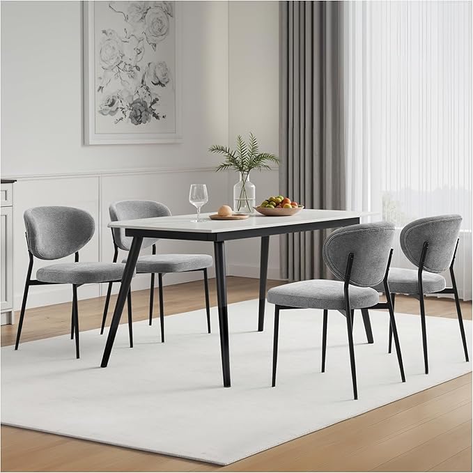 Dining Chairs Set of 4 Modern Chenille Upholstered Kitchen & Dining Room Chairs Wide Seat Filled with 58D Memory Foam Cushion Ergonomic Curved Backrest Vanity Chairs for Restaurant Grey