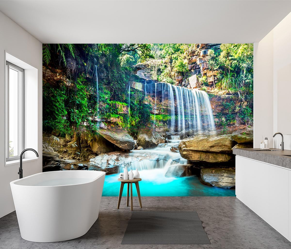 -Green Lake Waterfall Scenery Fabric Wallpaper Living Room Woodland Forest Mountain Bedroom Bathroom Large Wall Mural- 160"x108"（ not Peel and Stick）