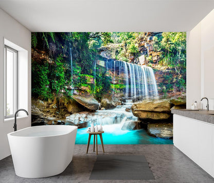 -Green Lake Waterfall Scenery Fabric Wallpaper Living Room Woodland Forest Mountain Bedroom Bathroom Large Wall Mural- 160"x108"（ not Peel and Stick）