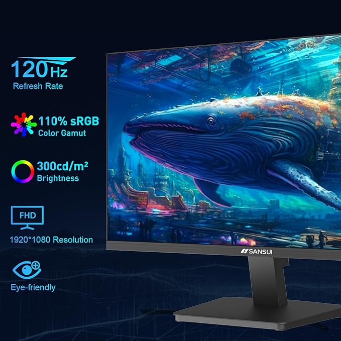 SANSUI 27 Inch Computer Monitor 120Hz, FHD 1080P Monitor, HDMI DP Ports FreeSync, HDR 110% sRGB, Tilt Adjustable Frameless VESA Compatible for Office and Home (ES-27F2, HDMI Cable Included)