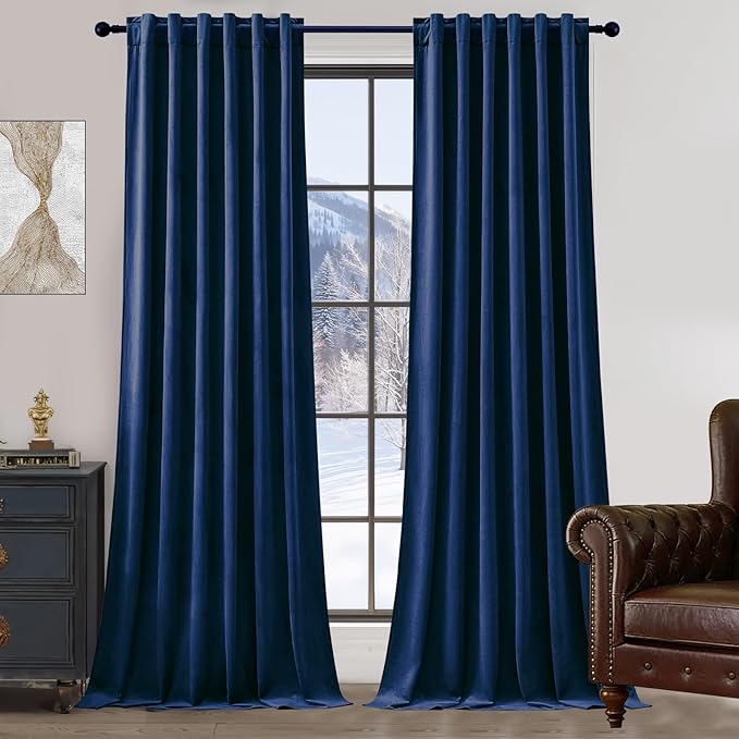 90 Inch Long Velvet Curtains for Living Room, Elegant Privacy Thermal Curtain Room Darkening Back Tab & Rod Pocket Soft Luxury Room Darkening Window Drapes for Bedroom, W52 x L90, Navy Blue, 2 Pcs