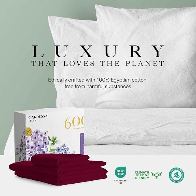Carressa Linen 100% Egyptian Cotton Twin Sheets Set - 600 Thread Count Egyptian Cotton Luxury Twin Sheets (3 PC, Classic Burgundy), 16" Deep Pocket, Soft, Cooling, Sateen Weave Dorm Room Bedding