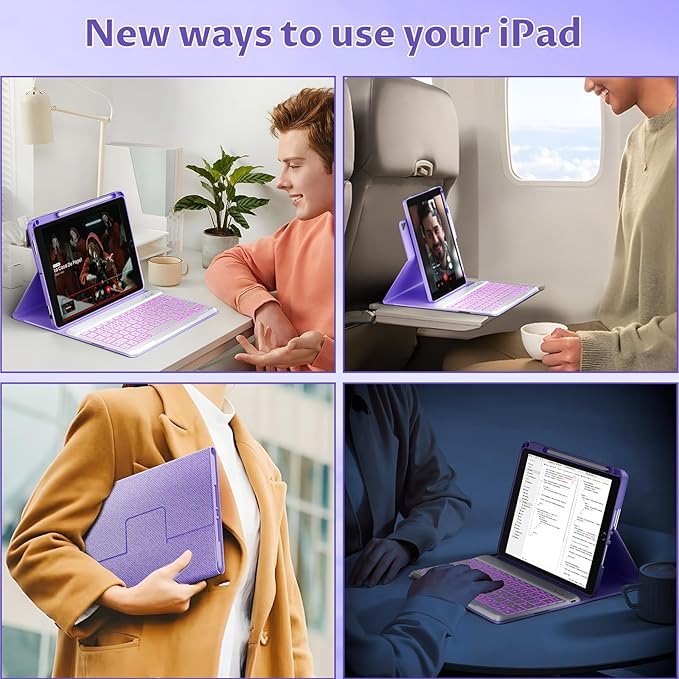 OYEEICE for iPad 9th Generation Case with Keyboard 10.2 Inch - Detachable Backlit Keyboard 360 Rotatable Cover with Pencil Holder for iPad 9th/8th/7th Gen 10.2 Inch, Air 3rd Gen & Pro 10.5" - Purple
