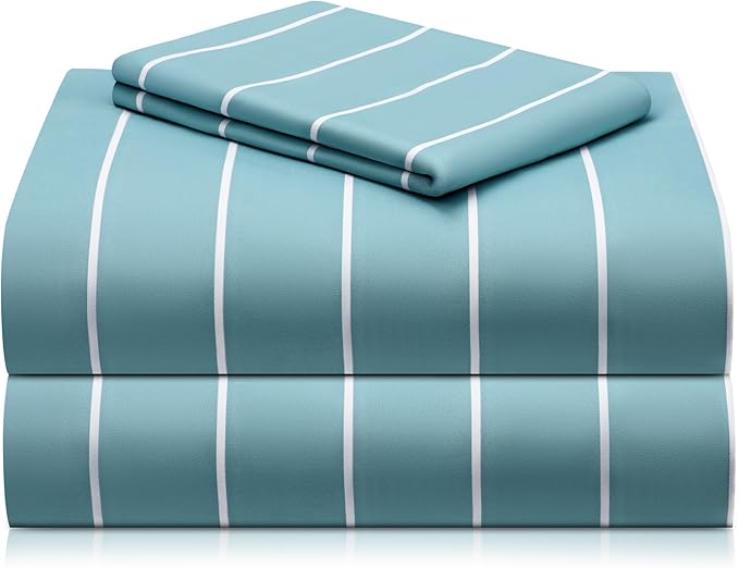 LuxClub 3 PC Twin Sheet Set, Deep Pockets Wrinkle Free Cooling Bed Sheets Hotel Bedding for Women, Men, Kids & Teens, Includes 1 Fitted Sheet, 1 Flat Sheet and 1 Pillowcase-Striped - Light Blue